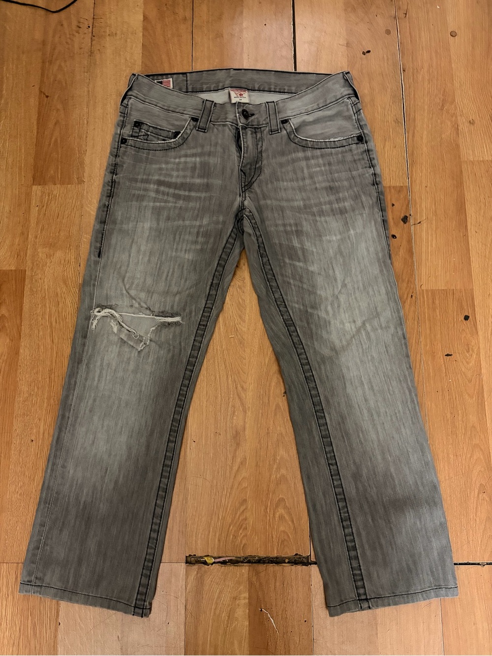 True Religion Men's Ricky Big T Straight Jeans Grey Size 32 Y2K Thick Stitch